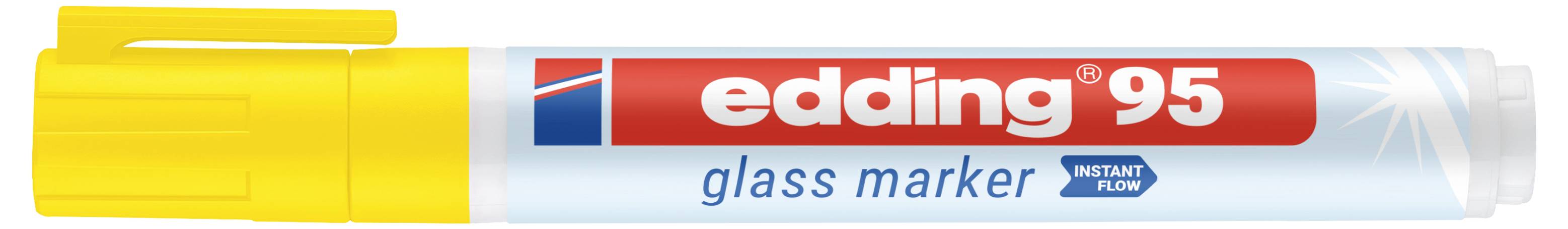 Un marqueur sur verre Edding 95 à capuchon jaune avec une étiquette rouge et blanche, présenté horizontalement sur fond blanc.