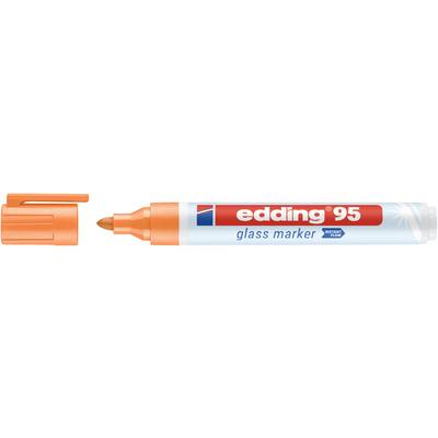 Marqueur pour vitre edding 95 orange avec capuchon montré à côté de son emballage, étiqueté « edding 95 » et « marqueur pour vitre ».