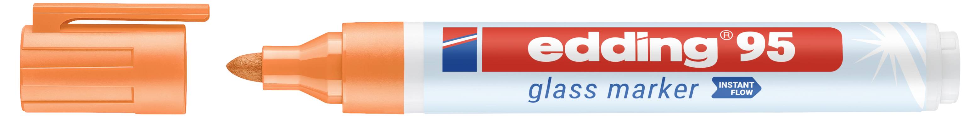 Stylo marqueur pour verre Orange Edding 95 avec capuchon montré à côté de la pointe, étiqueté « edding 95 » et « marqueur verre ».