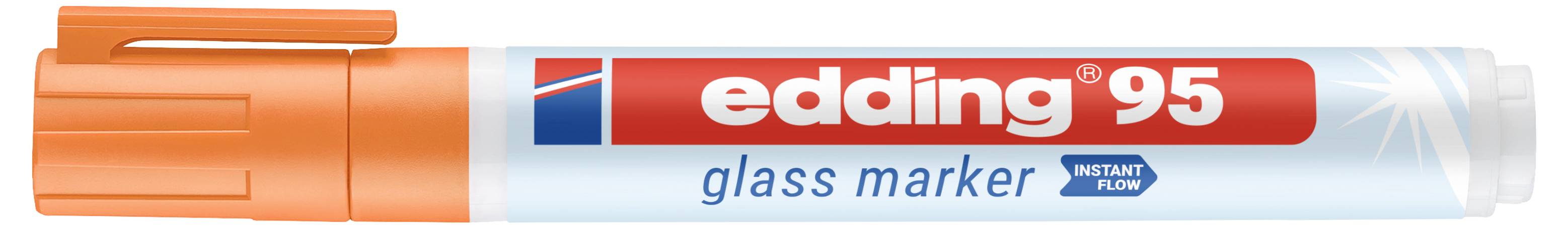 Stylo marqueur de verre Orange Edding 95 avec étiquette rouge et blanche, présenté horizontalement sur un fond blanc.