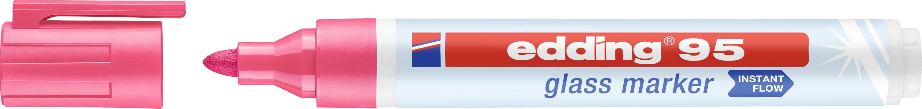 Un marqueur rose de la marque 'edding 95' est posé avec son capuchon ouvert, orienté vers la gauche.