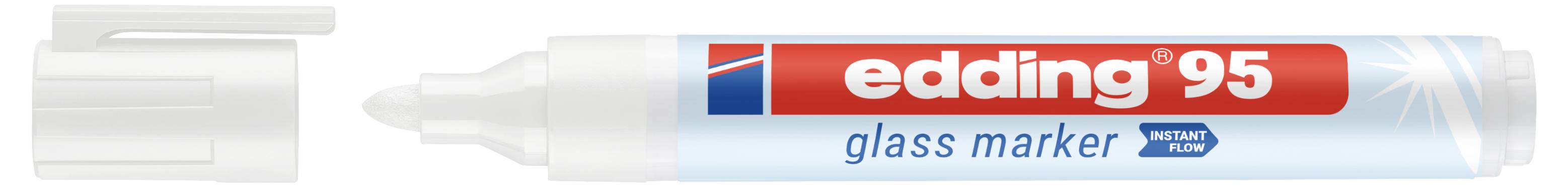 Marqueur pour verre Edding 95 blanc avec capuchon retiré, montrant l'étiquette rouge et le corps bleu-gris sur fond blanc.