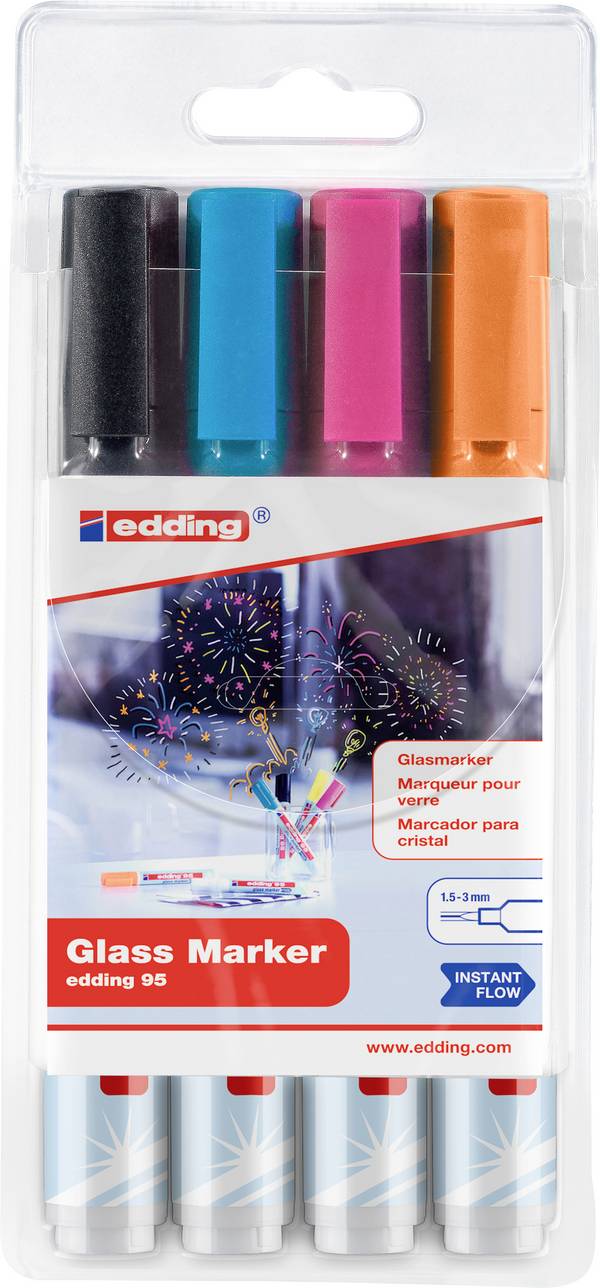 Edding 95 4-95-4-999 Marqueur pour verre bleu clair, orange, rose, noir 1.5 mm, 3 mm