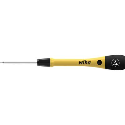 Un tournevis jaune à manche noir, marqué 'wiha' et portant un symbole de protection ESD, montre sa propriété antistatique.
