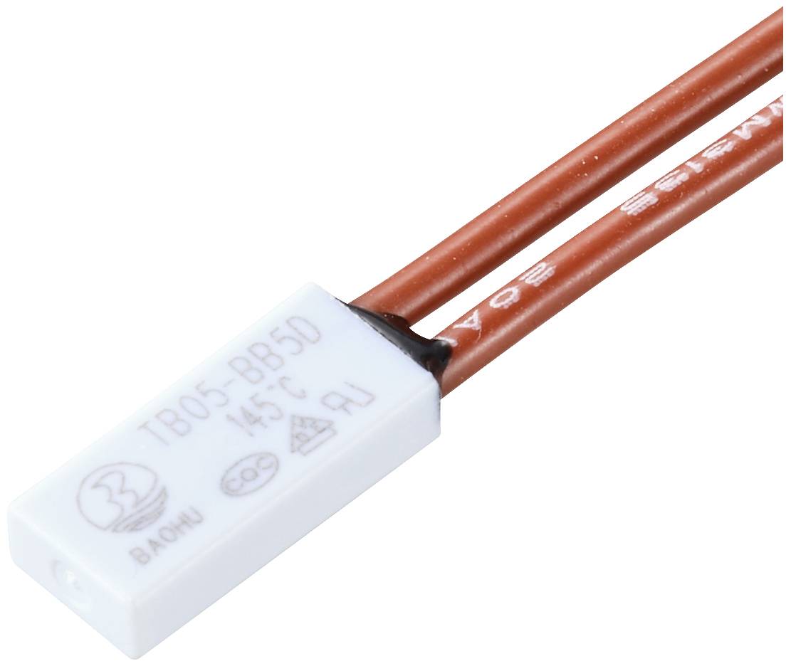 Petit interrupteur blanc de température avec des câbles rouges, marqué 'TB05-BB5D 45°C', adapté pour le contrôle de température des appareils électriques.