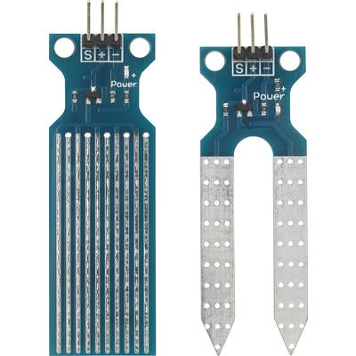 'Capteurs d'humidité du sol avec des capteurs de contact métalliques sur un support de circuit imprimé bleu, connexions en haut et étiquettes 'S', 'S' et 'Power'.'