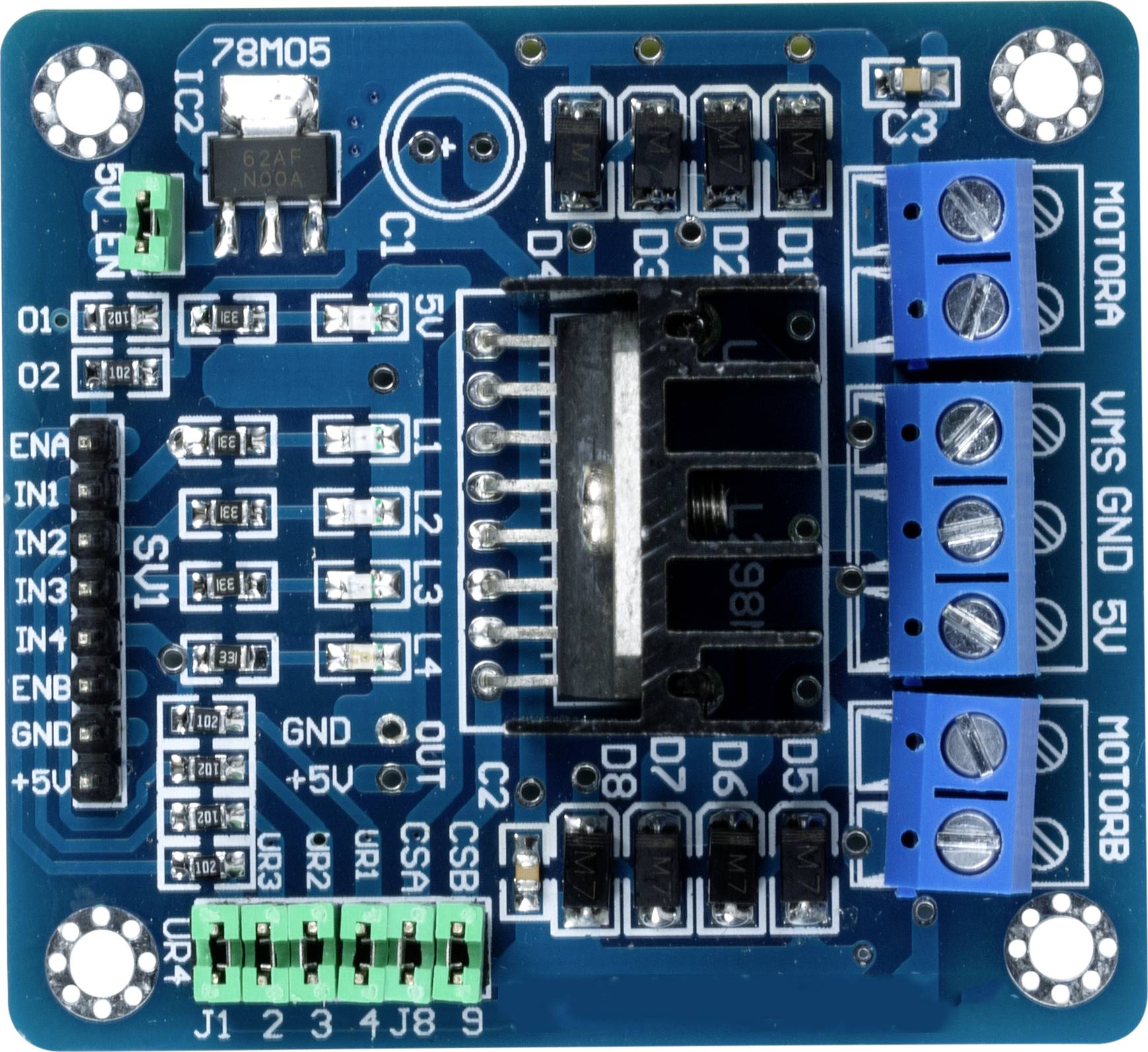 Vue de dessus d'un module de circuit électronique avec un circuit imprimé bleu. Divers composants électroniques et connecteurs sont visibles.