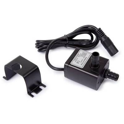 'Pompe à eau noire avec câble et raccord de tuyau, à côté d'un support en métal noir. Adaptée pour les aquariums ou les petites fontaines.'