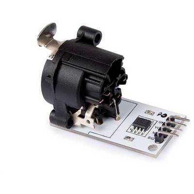 Un capteur électromagnétique noir sur une carte électronique blanche avec plusieurs contacts de connexion, présenté sur un fond blanc.