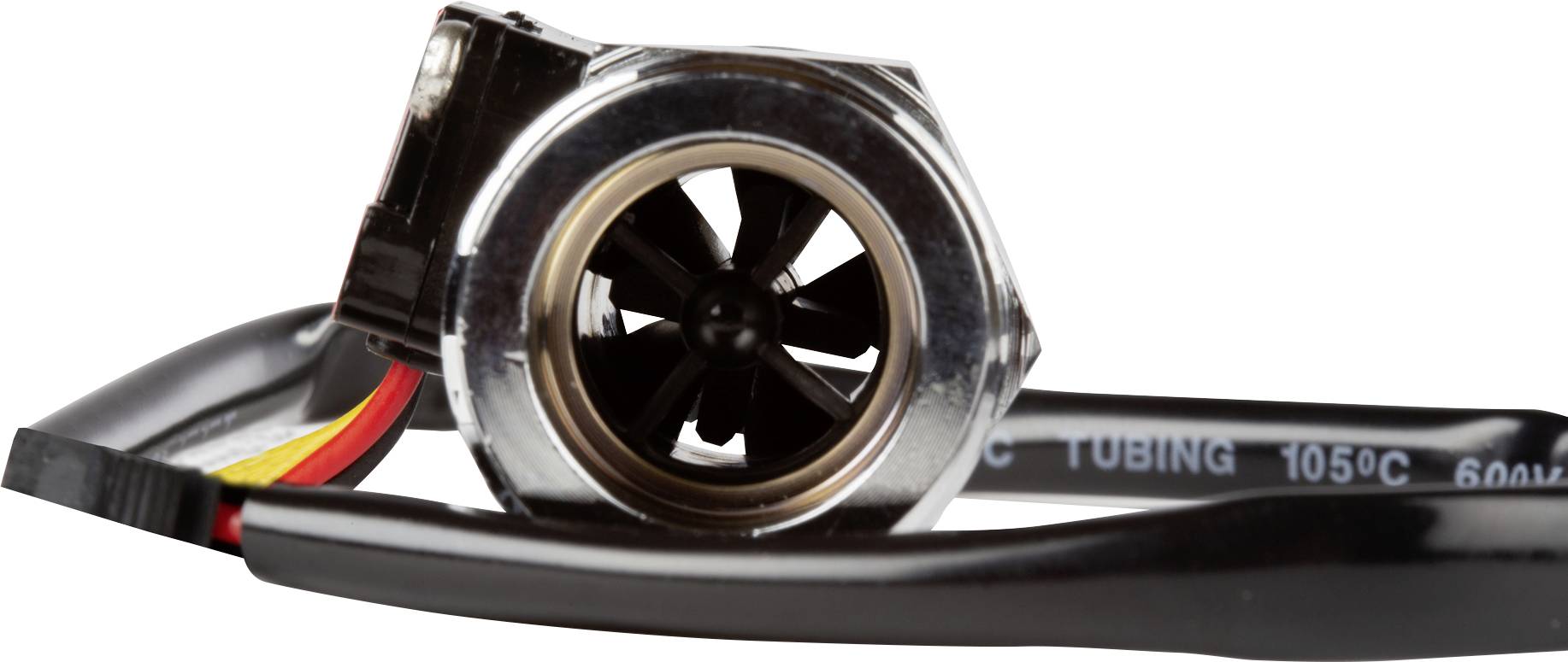 Un petit ventilateur avec connexion par câble, probablement partie d'un système de refroidissement électronique ou informatique, sur fond blanc.