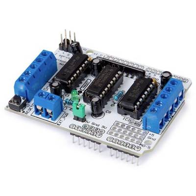 Bouclier Arduino avec des connecteurs bleus et noirs sur une surface de fond blanche. Les composants principaux sont des puces et des broches.