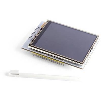 Un écran tactile avec des broches de connexion et un stylet blanc au premier plan. Idéal pour des projets interactifs.