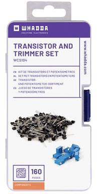 'Coffret de Transistors et Ajustables Whaada, 160 Pièces, WCS104.' Un boîtier blanc contenant des composants tels que des transistors et des potentiomètres.