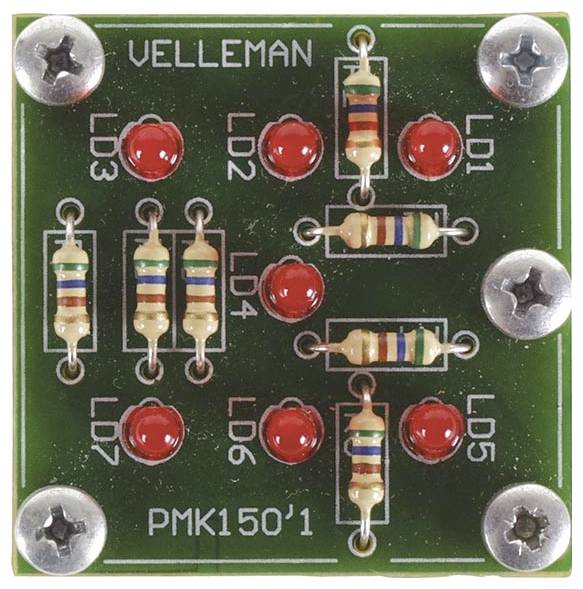 Une carte de circuit imprimé électronique verte portant l'inscription 'VELLEMAN' présente plusieurs résistances et des LED rouges, étiquetées de LD1 à LD7.