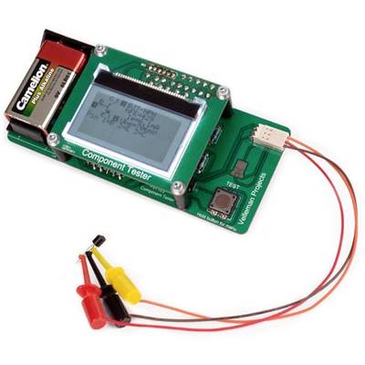 Testeur électronique de composants avec écran LCD et trois câbles de mesure (rouge, jaune et noir), alimenté par une batterie 9V.