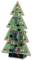 Arbre de Noël électronique avec circuit imprimé vert, diodes électroluminescentes rouges et condensateurs bleus, posé sur un socle noir.