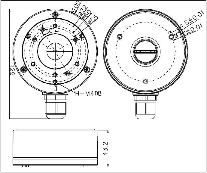 Dessin technique d'un composant cylindrique avec cotations. Présente les vues de face, de côté et de dessus, incluant les points de poids.
