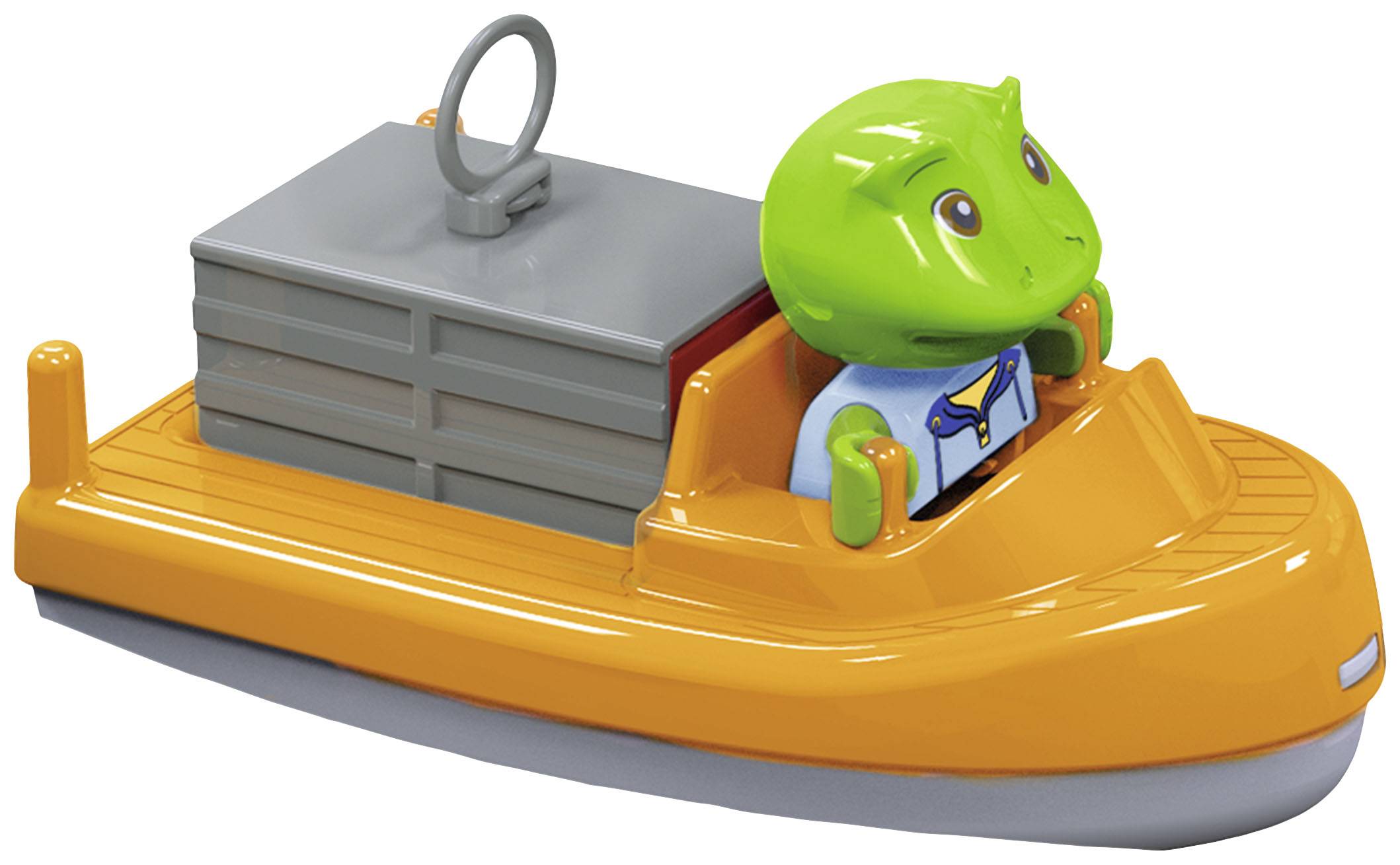Un bateau-jouet à la coque orange et au chargement gris. Un personnage vert est assis à l'avant et dirige le bateau.