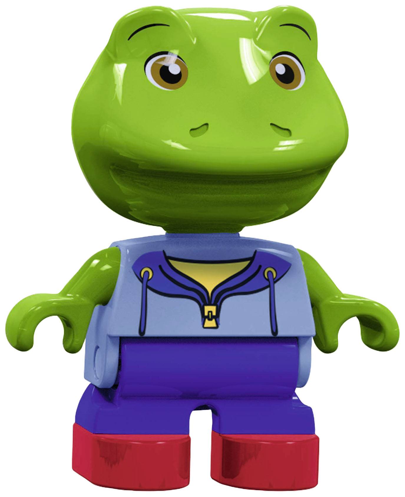 Figurine Lego verte avec une tête de grenouille, portant un gilet bleu et des chaussures rouges, debout de face.