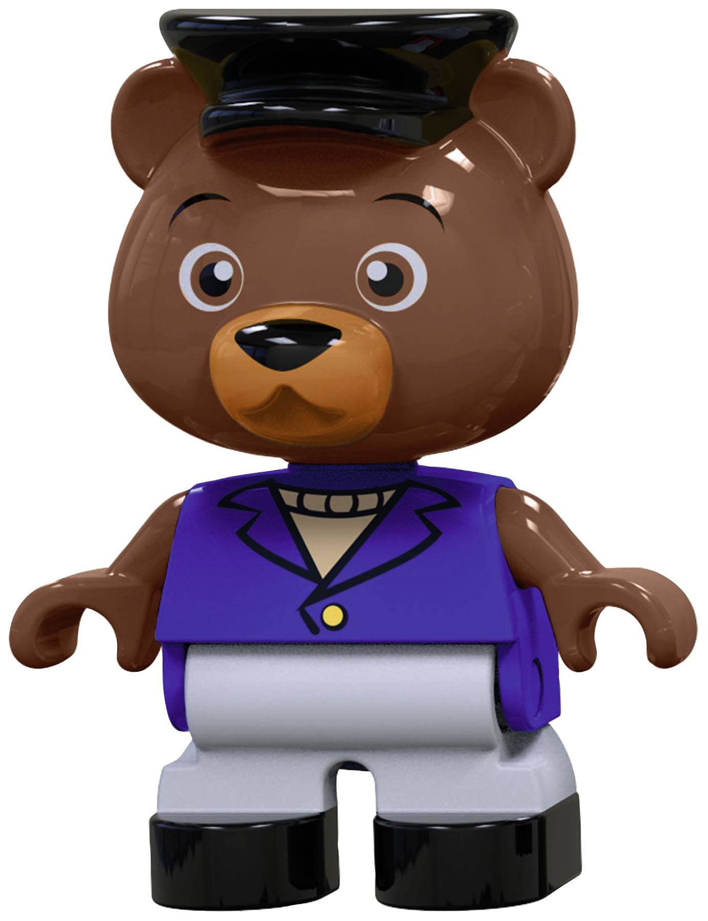 Une figurine Lego d'un ours porte un gilet bleu et un chapeau noir. L'ours a un visage amical et se tient debout.