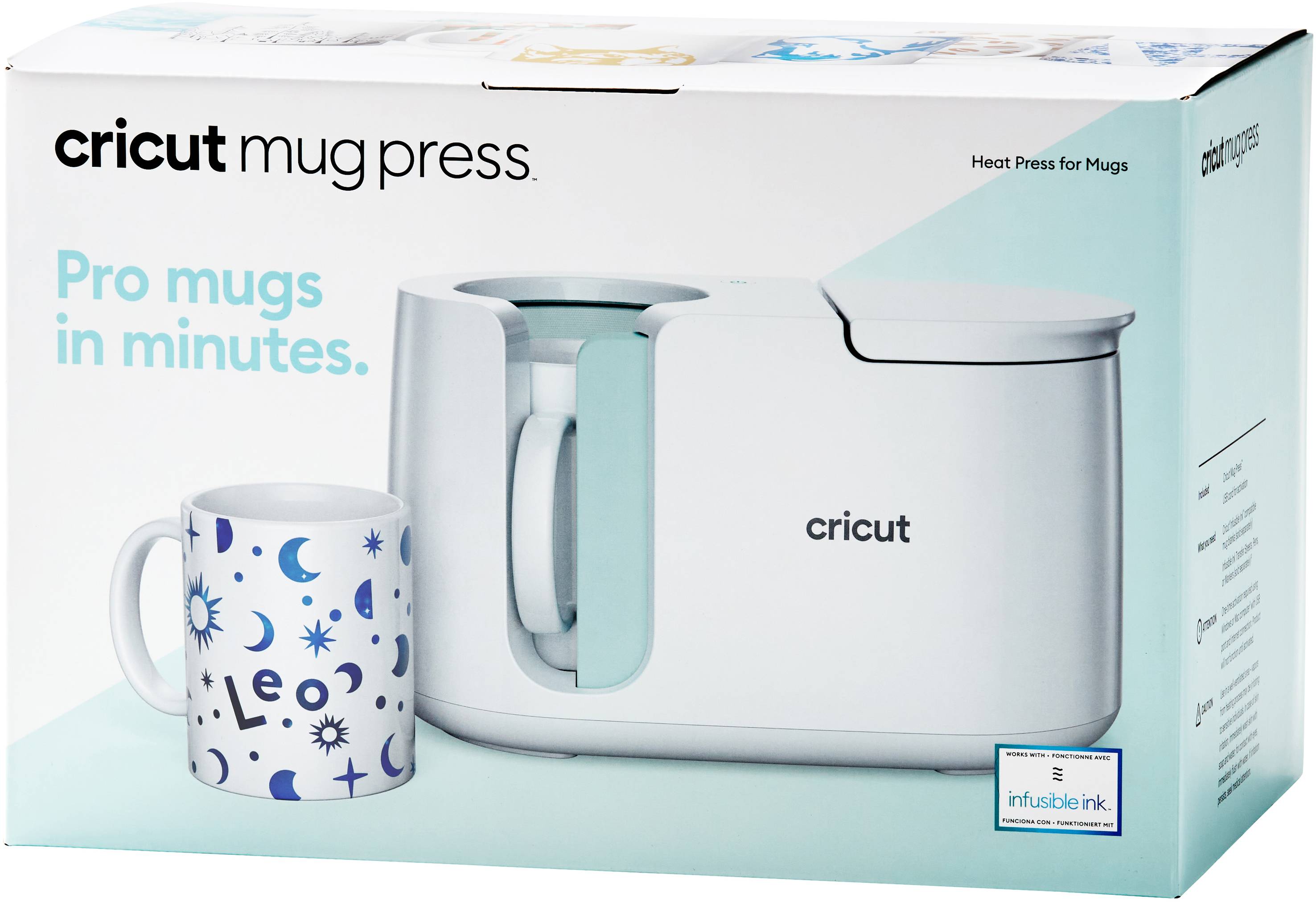 Emballage en carton de la Cricut Mug Press, présentant un appareil de transfert thermique et une tasse avec un design léopard coloré. Slogan : « Des mugs pro en quelques minutes. »
