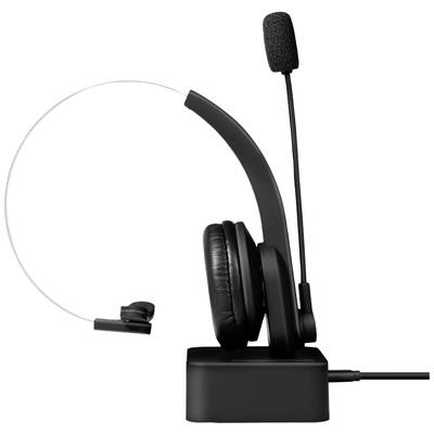 Casque noir avec microphone sur un chargeur. Idéal pour les appels mains libres. Design avec arceau ajustable et coussinets d'oreille.