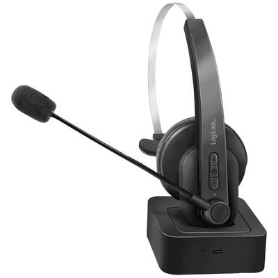 Un casque sans fil dans sa station de charge. Le casque est équipé d'un microphone ajustable et de coussinets d'oreille pour un confort optimal.