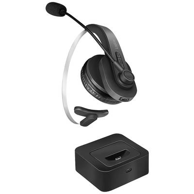 Un casque noir avec microphone et station de charge. Le casque dispose d'un écouteur rembourré et d'un support réglable.