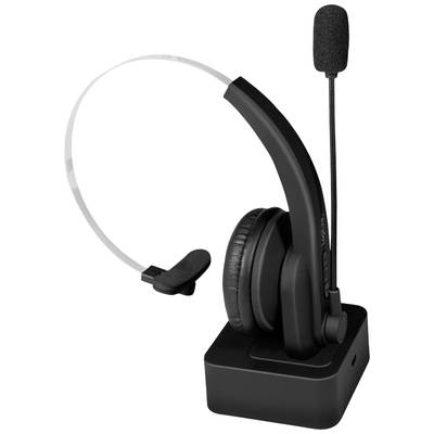 Casque sans fil noir avec microphone et station de chargement, adapté aux téléconférences et au travail concentré au bureau.