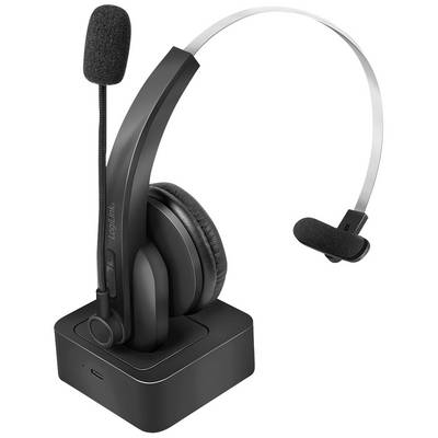 Un casque sans fil avec microphone sur une station de charge, adapté aux téléconférences et aux réunions en ligne.