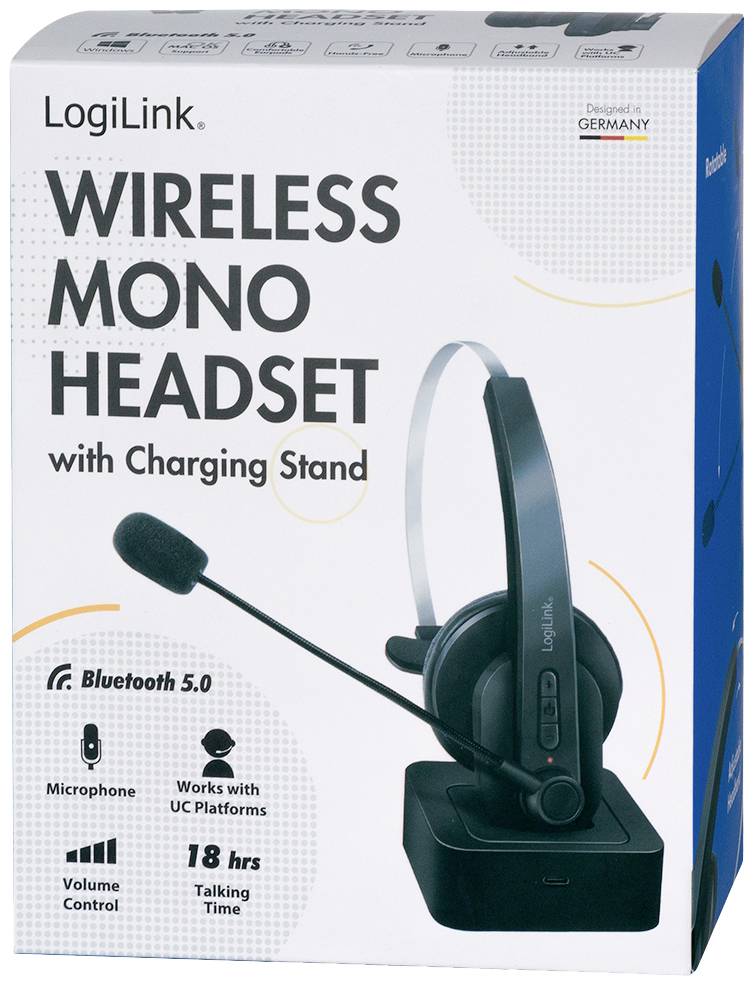 'LogiLink Casque sans fil Mono' sur l'emballage. Comprend une illustration du casque sur sa station de charge, avec des informations textuelles sur ses fonctionnalités telles que Bluetooth 5.0 et une autonomie de conversation de 18 heures.