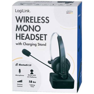 'LogiLink Casque sans fil Mono' sur l'emballage. Comprend une illustration du casque sur sa station de charge, avec des informations textuelles sur ses fonctionnalités telles que Bluetooth 5.0 et une autonomie de conversation de 18 heures.