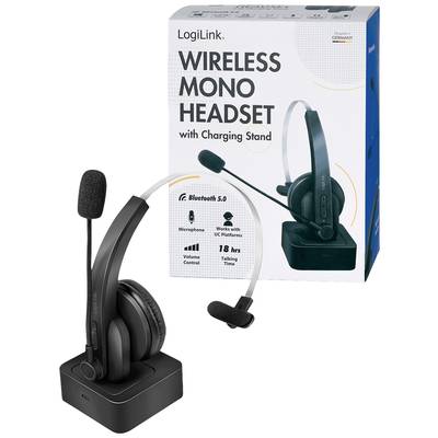 Casque-micro mono sans fil de LogiLink avec station de charge. Bluetooth 5.0, microphone, compatible avec les plateformes UC, jusqu'à 18 heures d'autonomie en communication.