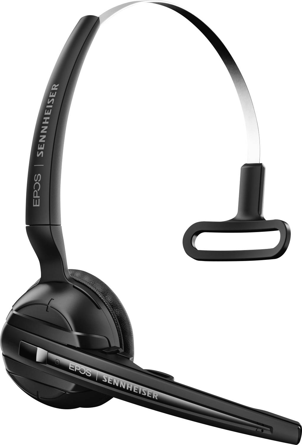 Un casque noir avec un arceau fin et un bras de microphone. Marqué sur le côté 'EPOS Sennheiser', adapté pour les appels audio.