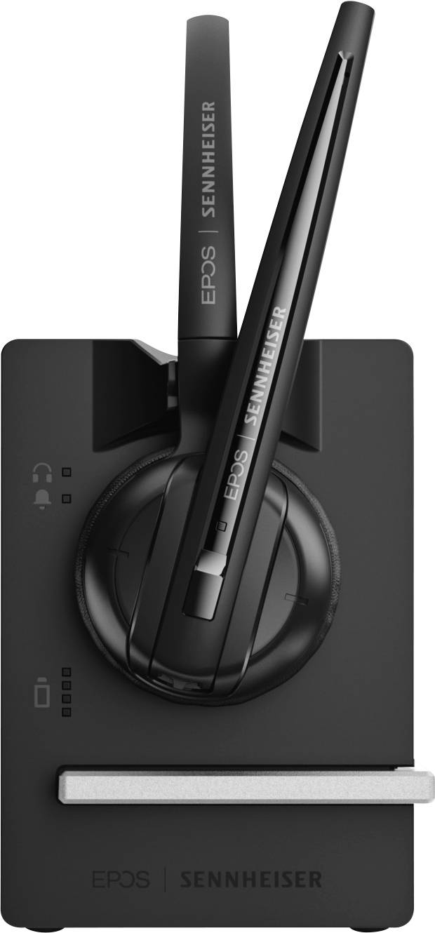 Casque sans fil noir avec une base étroite. Sur la base sont inscrits 'EPOS' et 'Sennheiser', des marques d'appareils audio de haute qualité.