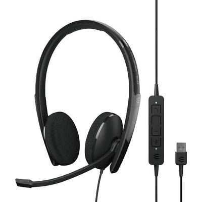 Casque USB noir avec perche microphone et télécommande filaire. Adapté aux appels et à la lecture audio, idéal pour un usage bureautique ou domestique.