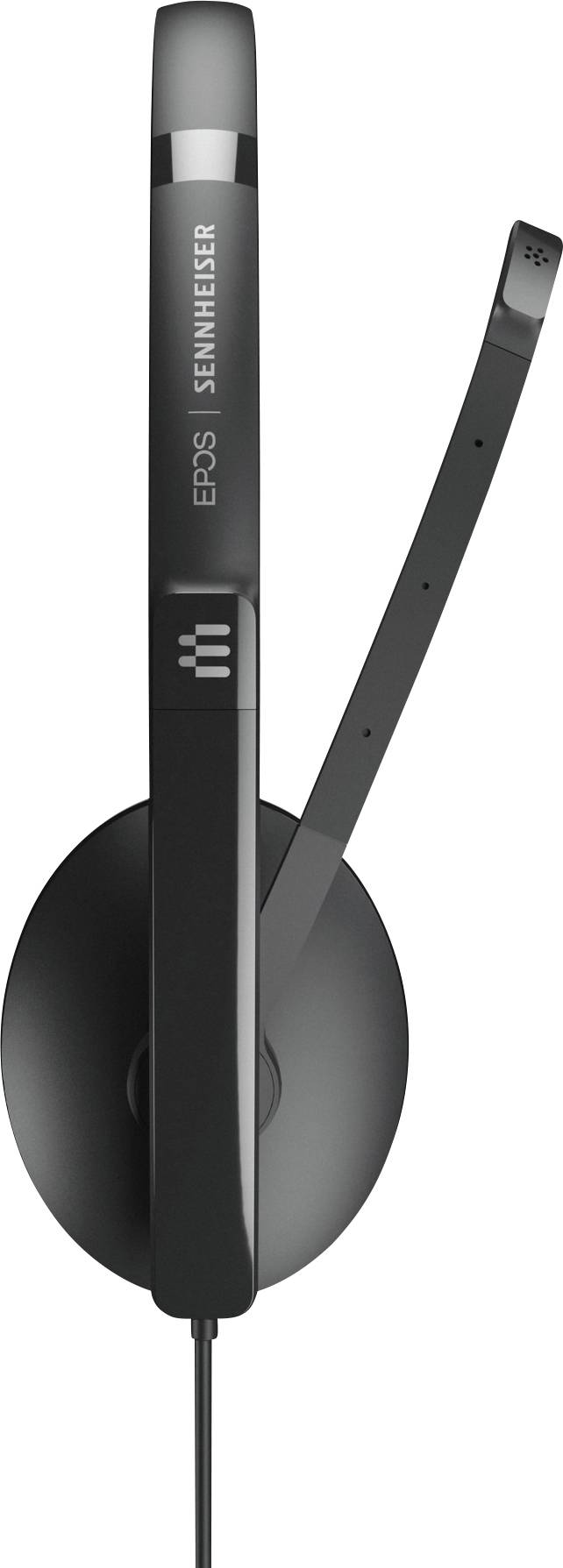 Casque noir avec perche microphone, portant l'inscription 'EPOS Sennheiser', adapté pour la communication et les applications audio.