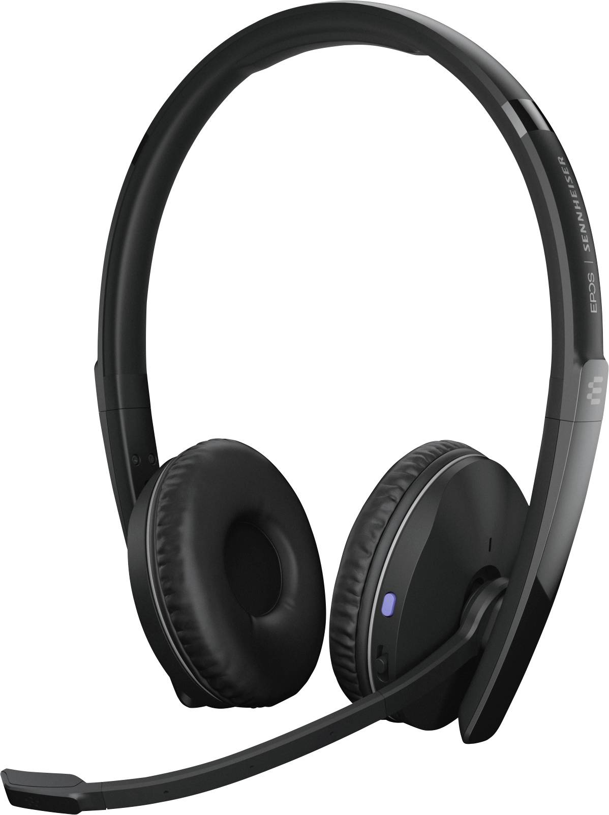 Casque noir circumaural avec perche micro, adapté aux applications de communication telles que les appels ou les réunions en ligne.