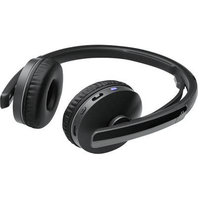 Casque audio noir, sans fil, avec des écouteurs rembourrés et un arceau réglable, sur fond blanc.