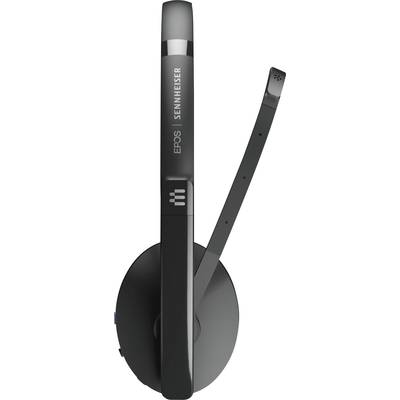 Casque sans fil noir avec perche micro. Nom de marque 'EPOS Sennheiser' sur le côté. Idéal pour les appels de bureau et les vidéoconférences.