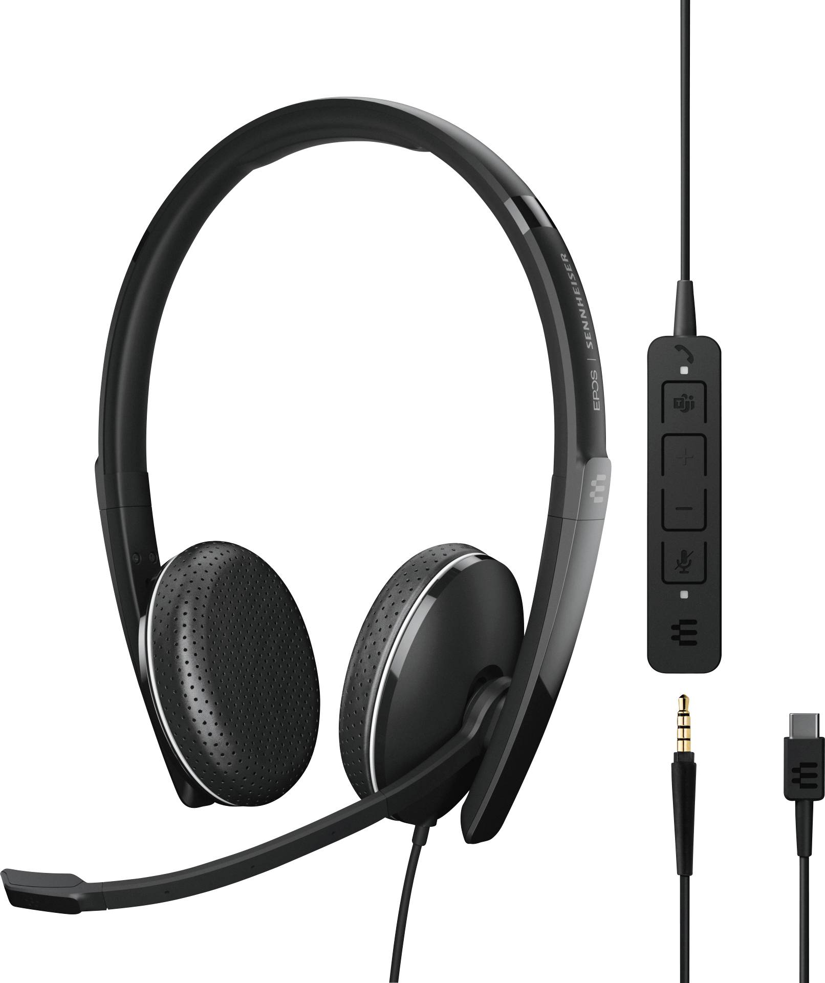 Casque filaire noir avec perche microphone et commandes sur le câble. Adapté pour PC et utilisation mobile.