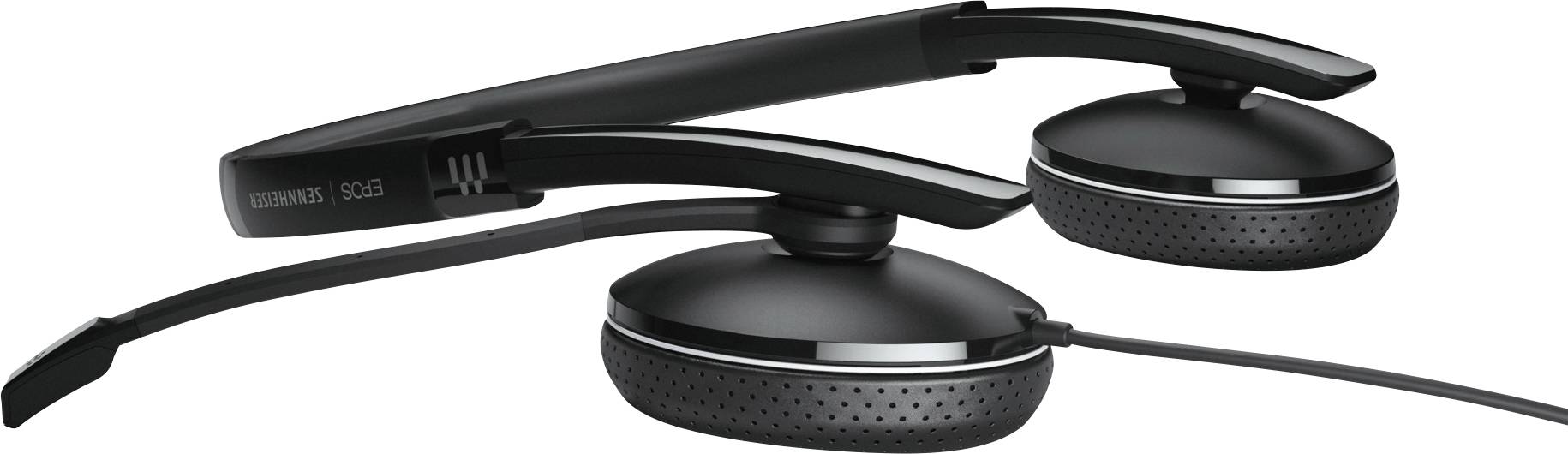Écouteurs noirs, fins, avec câble et branches d'oreille à porter par-dessus les oreilles. Idéaux pour un port confortable et prolongé.