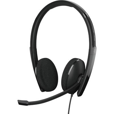 Casque noir filaire avec microphone pour PC ou appels téléphoniques. Adapté pour le gaming et la communication.
