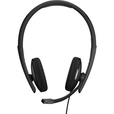 Casque noir avec un microphone sur un arceau ajustable, adapté aux téléconférences ou aux jeux d'ordinateur.