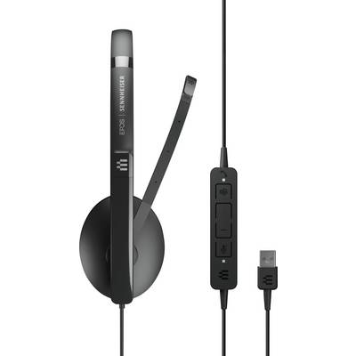 Casque USB noir avec bras micro et commandes filaires de EPOS Sennheiser. Idéal pour les appels téléphoniques et les réunions virtuelles.