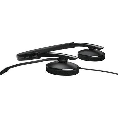 Casque audio filaire noir avec arceau ; écouteurs et microphone ajustables, idéal pour une communication claire.