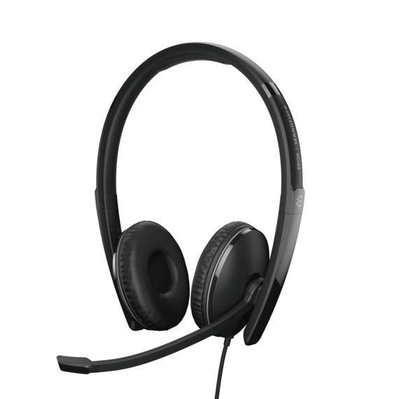 Un casque noir avec microphone, écouteurs pivotants et arceau réglable, adapté aux appels téléphoniques ou aux réunions en ligne.