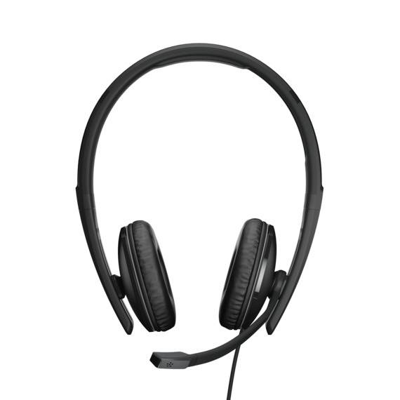 Un casque noir avec des coussins d'oreille rembourrés et un arceau réglable, adapté aux applications informatiques ou téléphoniques.
