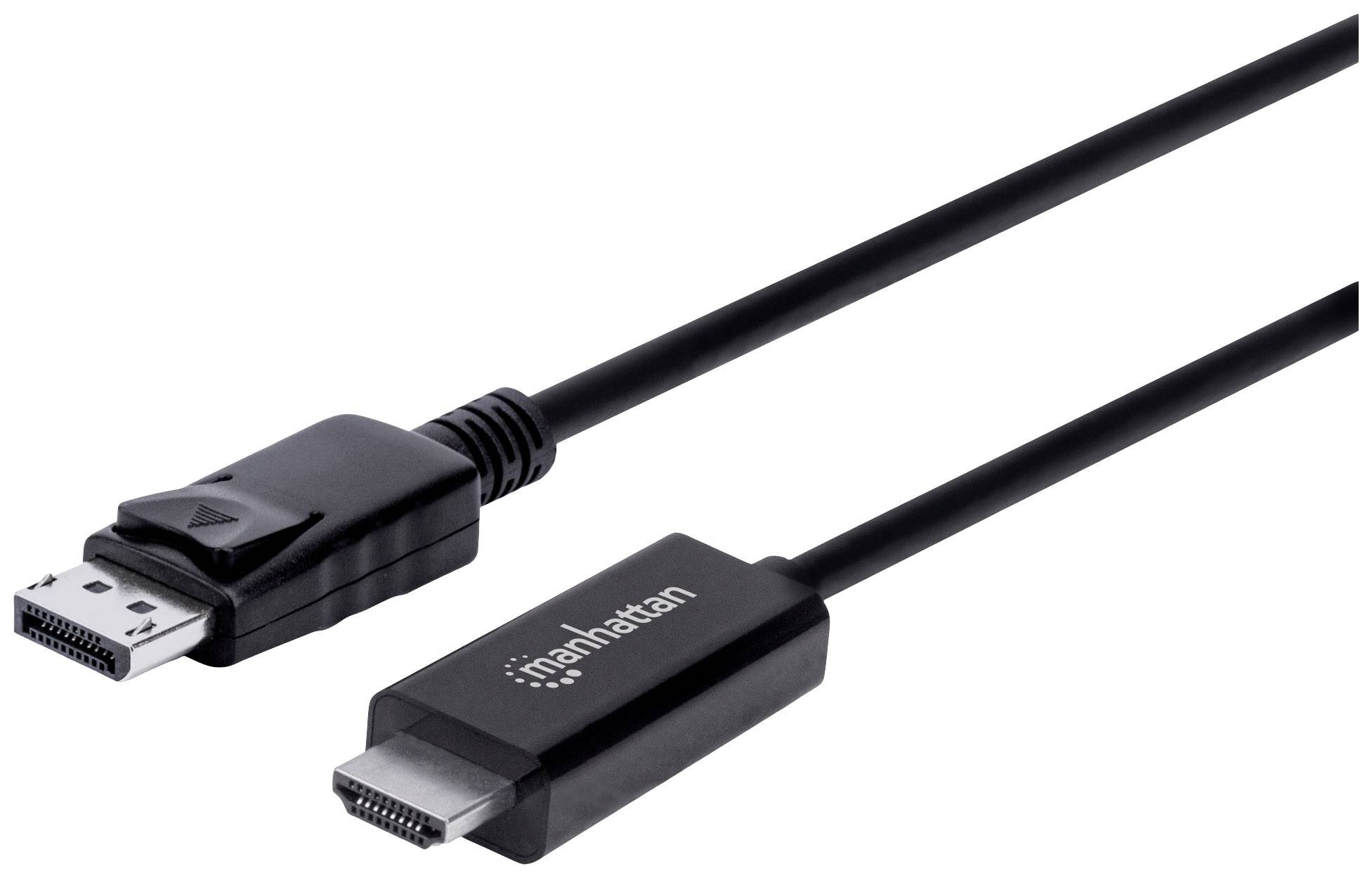 Un câble noir avec une fiche DisplayPort d'un côté et une fiche HDMI de l'autre, nom de marque 'Manhattan' sur la fiche HDMI.