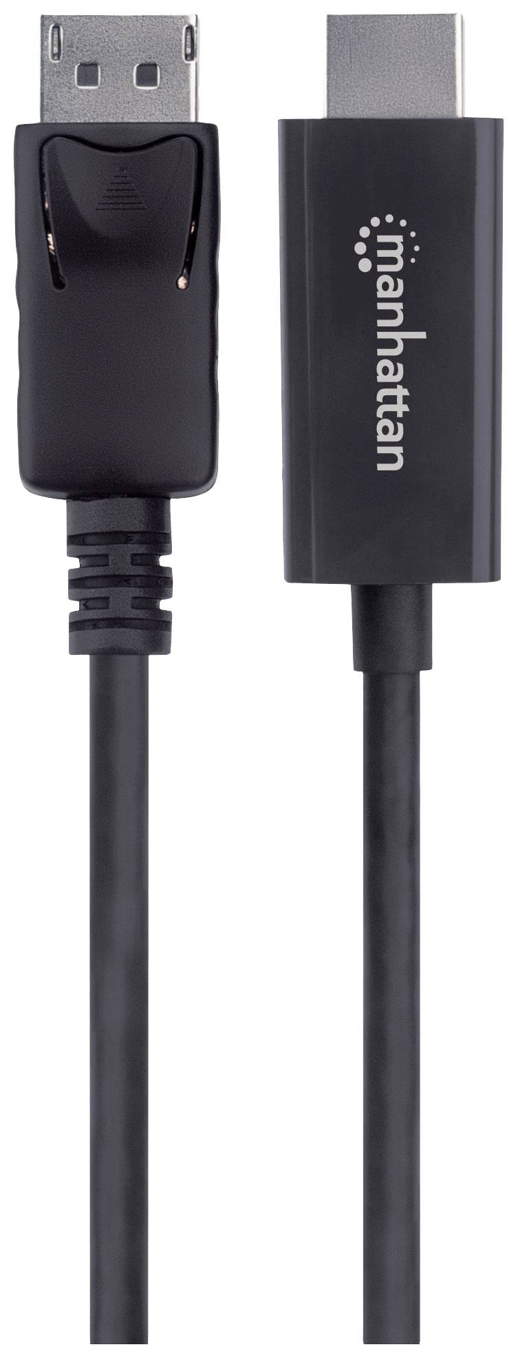 Un câble noir avec deux fiches : à gauche une fiche DisplayPort, à droite une fiche HDMI. Sur la fiche HDMI est inscrit « manhattan ».